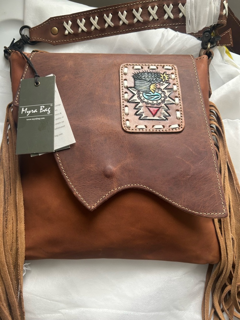 Myra Boho Fringe Leather Crossbody Festival Bag - Brown with White Whipstitching
